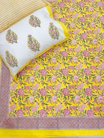 Hand Block Percale Cotton Premium King Size Bedsheet (Peela Gulabi)