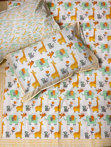 Kids Special Hand Block Percale Cotton Premium Bedsheet (Elephant Giraffe)