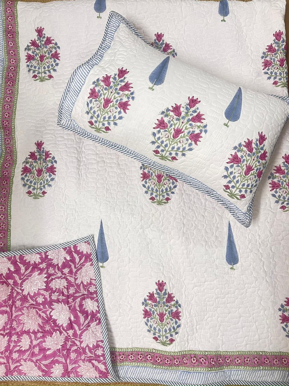 Hand Block Printed Quilted Bed Cover (Pink Flowers)