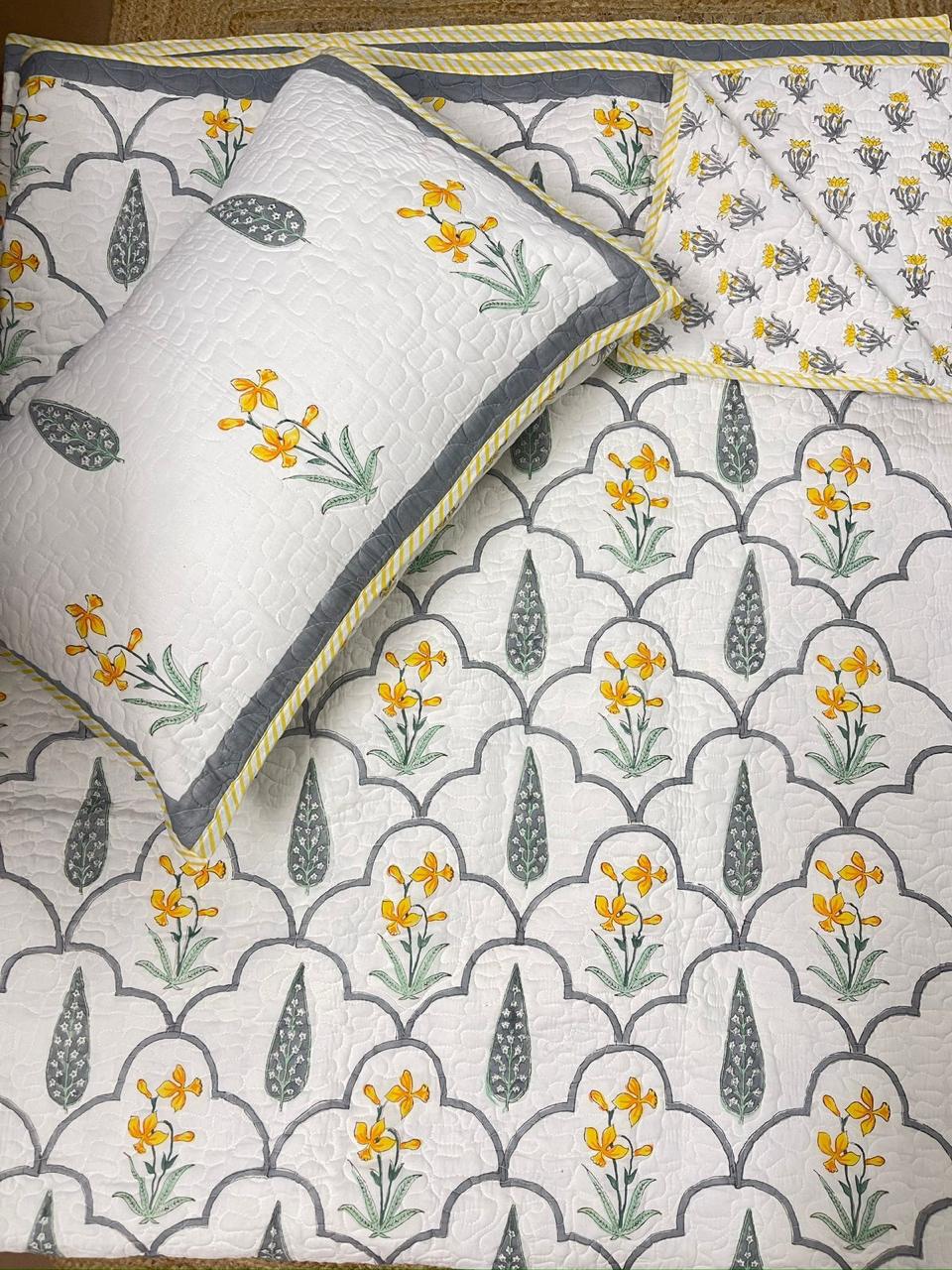 Hand Block Printed Quilted Bed Cover (Green Leaves Yellow Flowers)