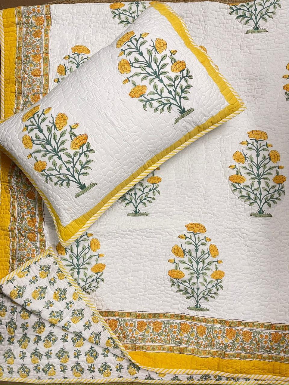 Hand Block Printed Quilted Bed Cover (Yellow Flowers)