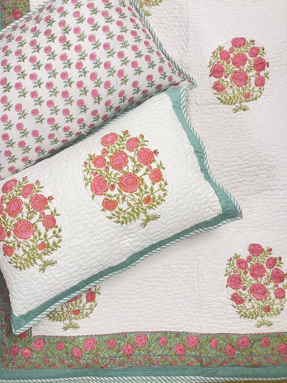 Hand Block Printed Quilted Bed Cover (Pink big flowers)
