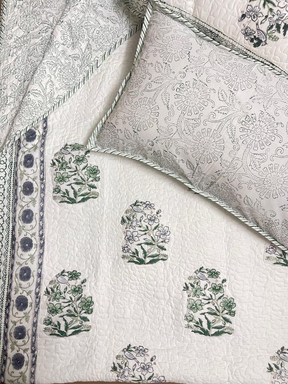 Hand Block Printed Quilted Bed Cover (Green Flowers)