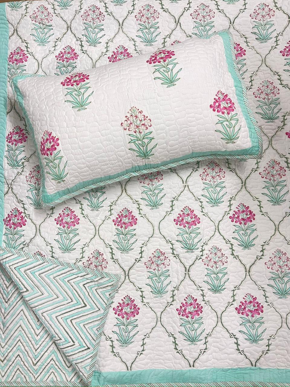 Hand Block Printed Quilted Bed Cover (Dark and light Pink flowers)