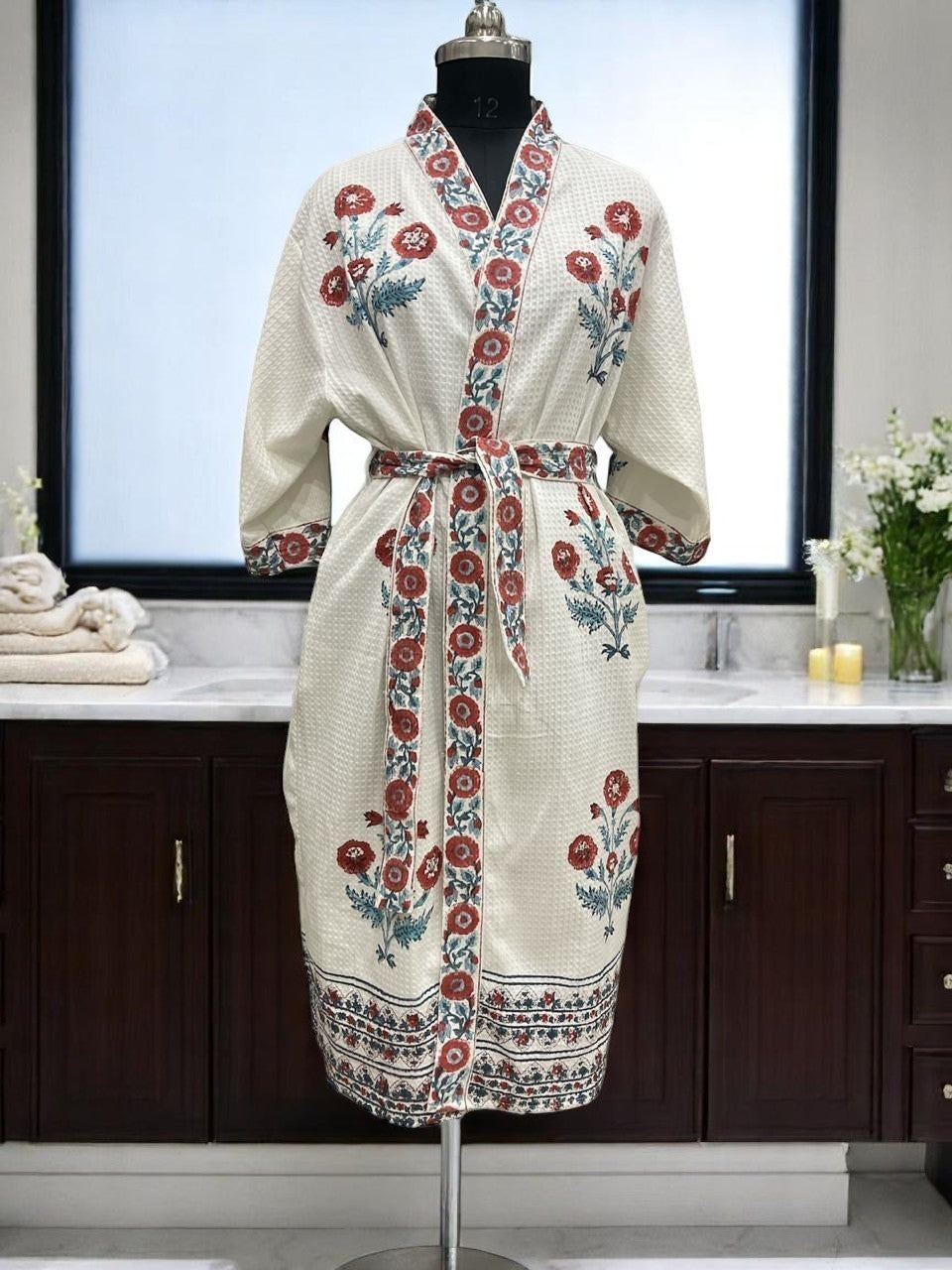 Hand Block Pure Cotton Waffle Bathrobe