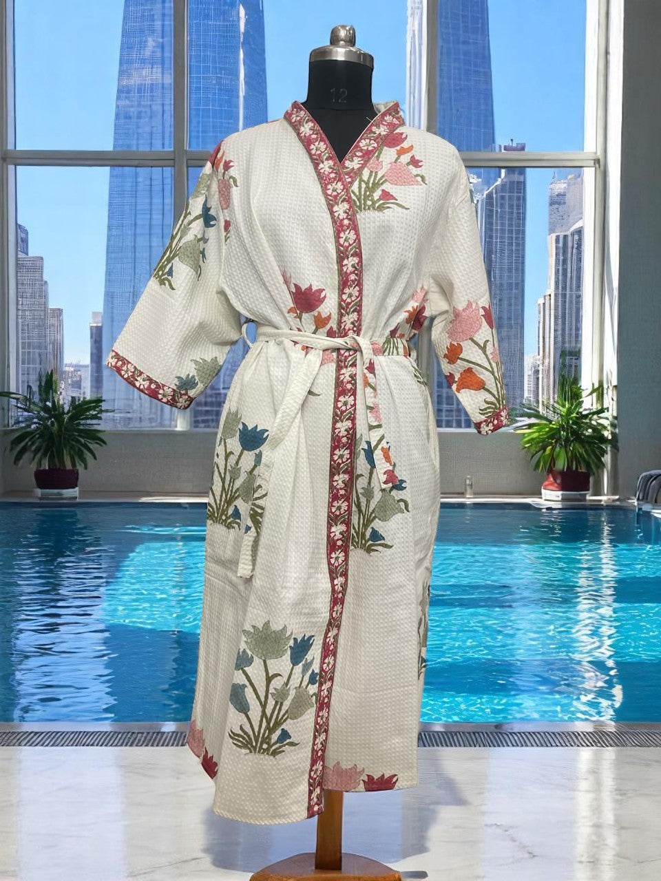Hand Block Waffle Cotton Bathrobe