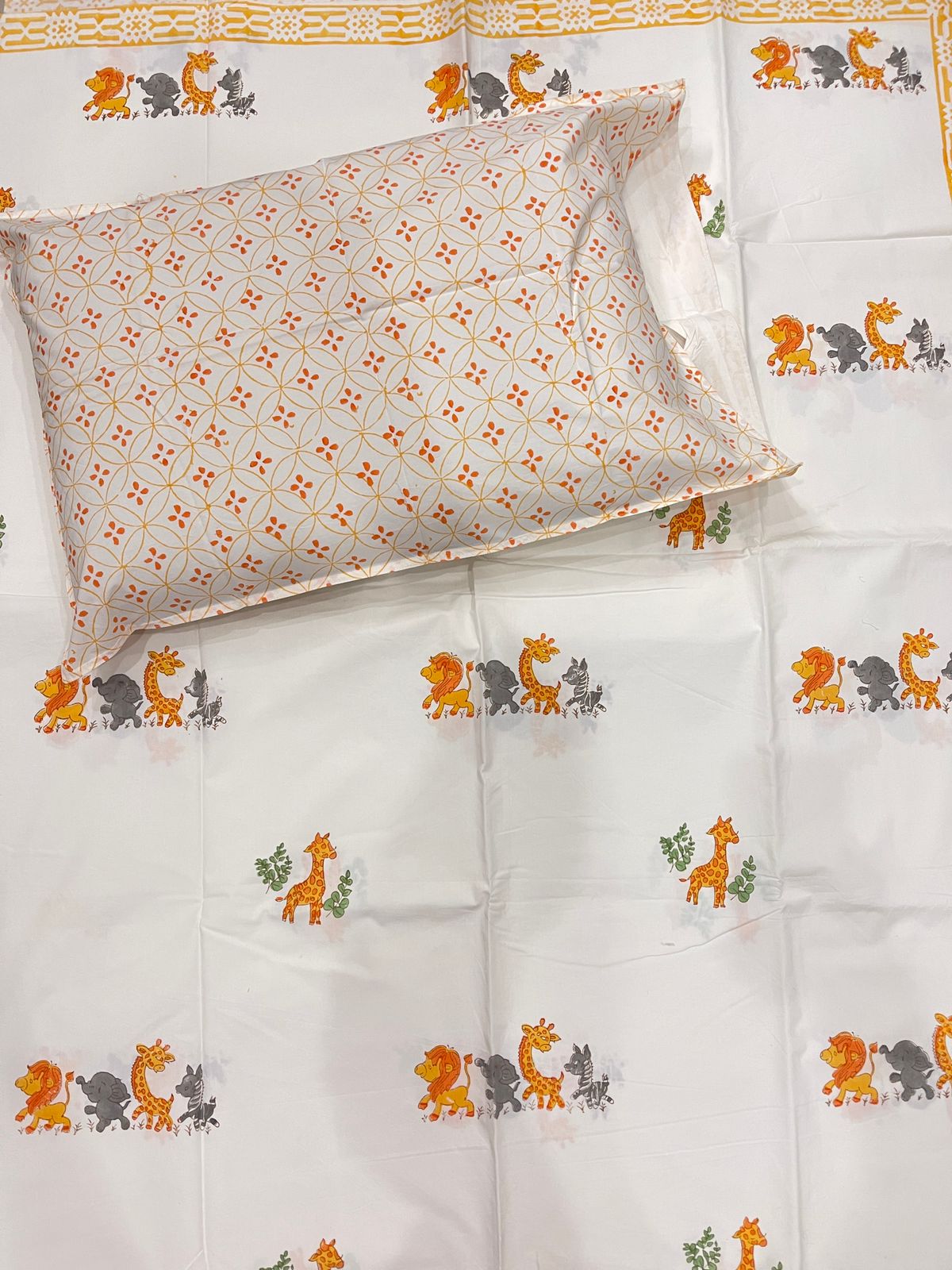 Kids Special Hand Block Percale Cotton Premium Bedsheet (Jungle Friends)