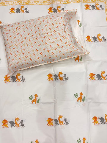 Kids Special Hand Block Percale Cotton Premium Bedsheet (Jungle Friends)