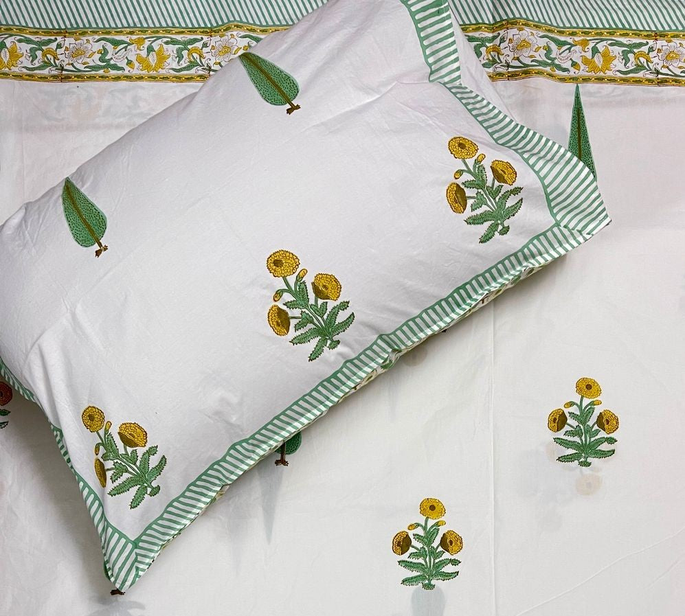 Hand Block Percale Cotton Premium King Size Bedsheet (Yellow Flower Green Tree)