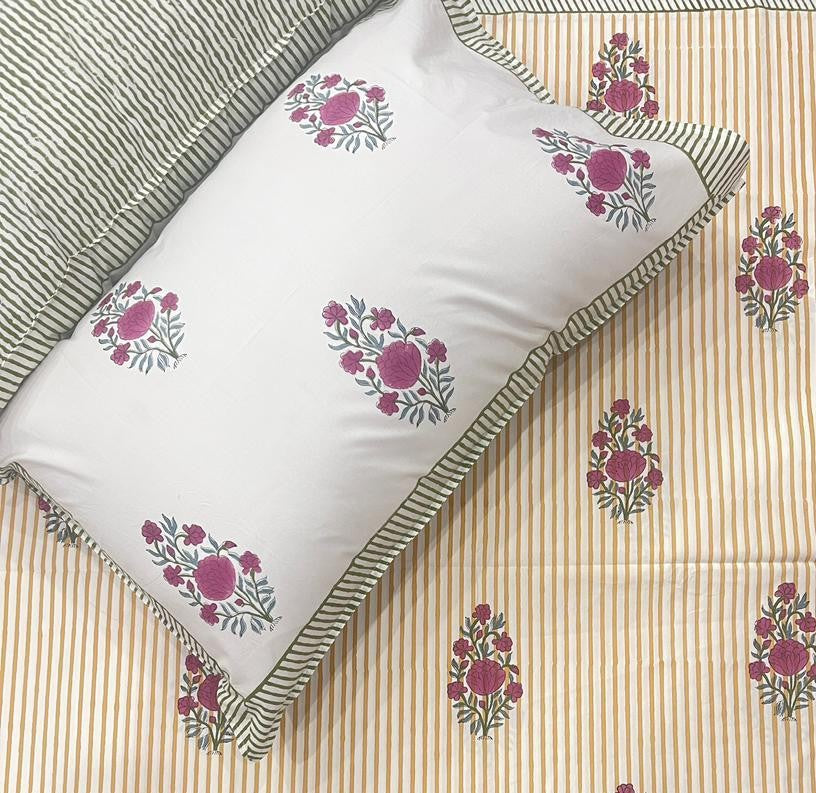 Hand Block Percale Cotton Premium King Size Bedsheet (Striped)