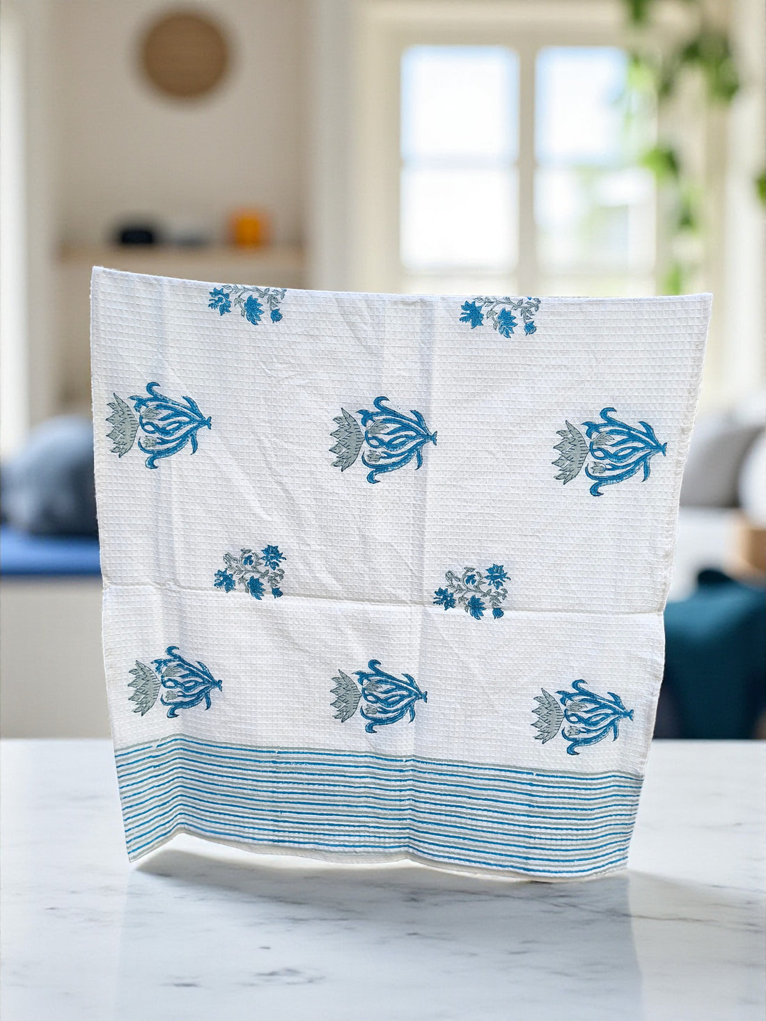 Hand Block Cotton Honeycomb Towel (Blue Boota)