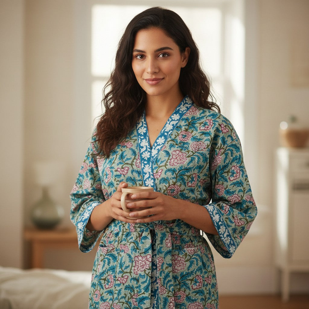 Hand Block Pure Cotton Waffle Bathrobe