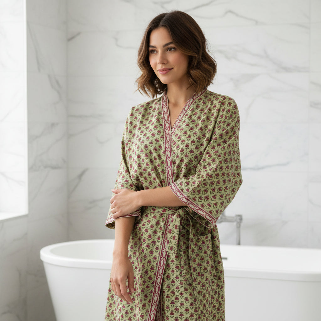 Hand Block Pure Cotton Waffle Bathrobe