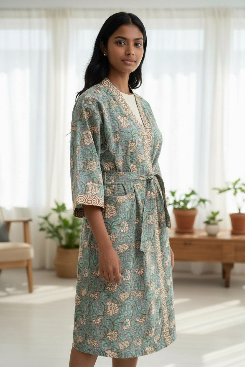 Hand Block Pure Cotton Waffle Bathrobe