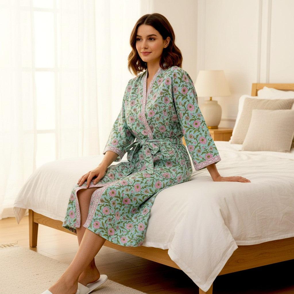 Hand Block Pure Cotton Waffle Bathrobe