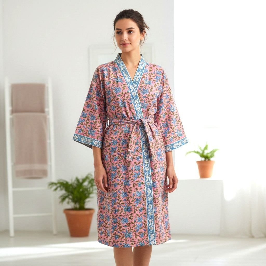 Hand Block Pure Cotton Waffle Bathrobe