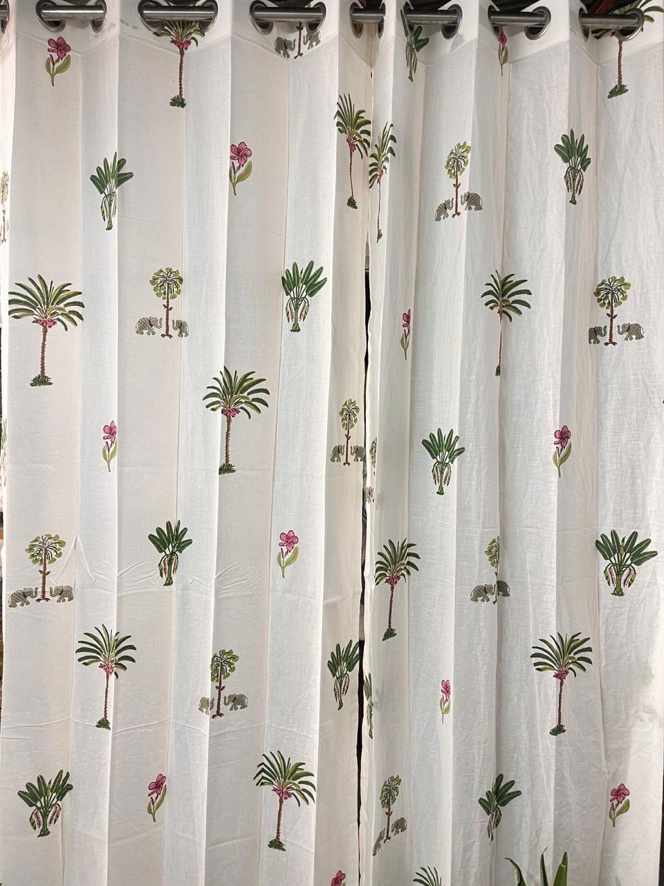 Handblock Cotton Curtains for Door & Window - White Base (1 pc) -C003