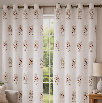 Handblock Cotton Curtains for Door & Window - White Base (1 pc) -C006