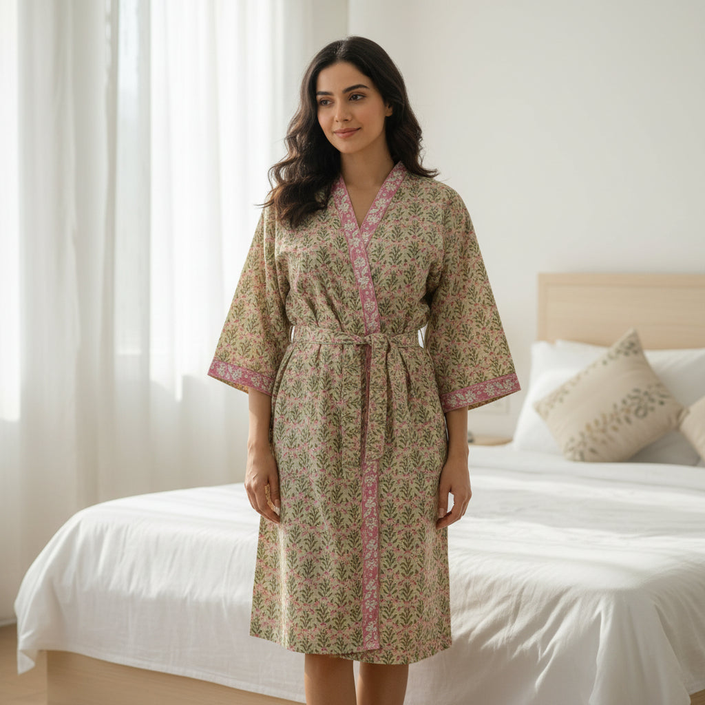 Hand Block Pure Cotton Waffle Bathrobe