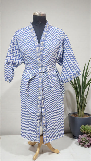 Hand Block Waffle Cotton Bathrobe (Blue Strips Floral)
