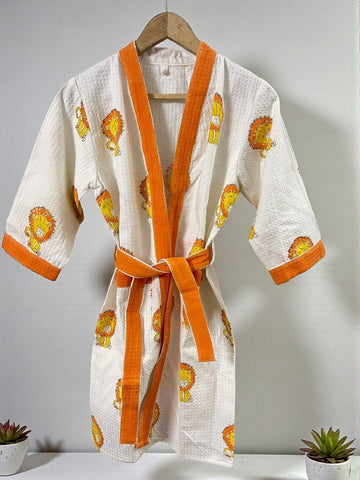 Hand Block Waffle Cotton Kids Bathrobe (Lion Print)
