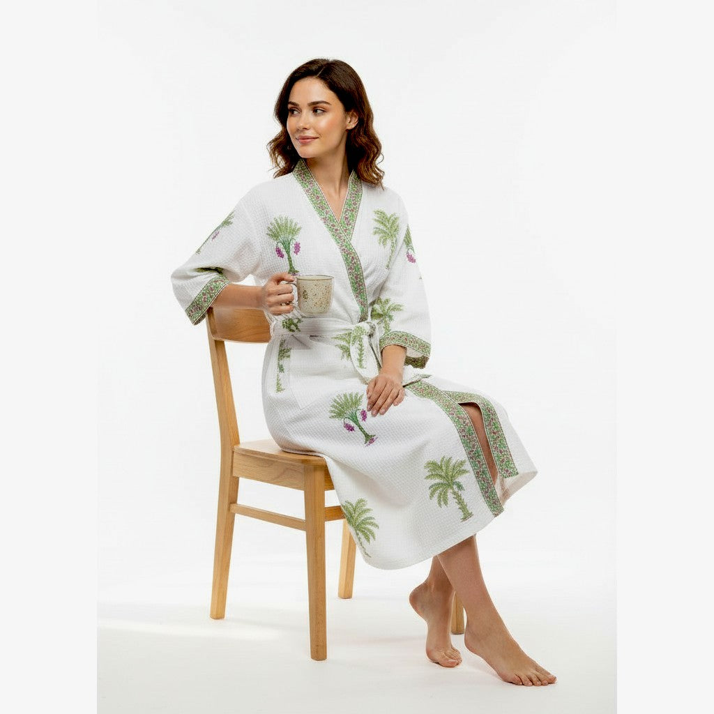Hand Block Pure Cotton Waffle Bathrobe