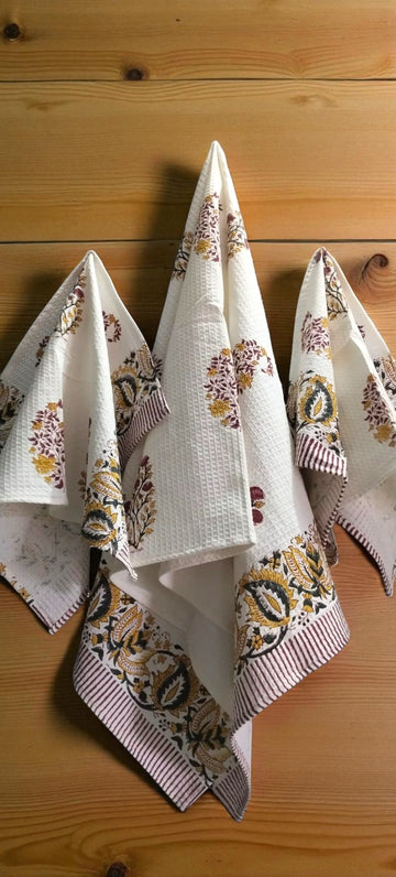 Hand Block Cotton Honeycomb Towel Set (1 Bath Towel 2 Hand Towels)- Royal Touch