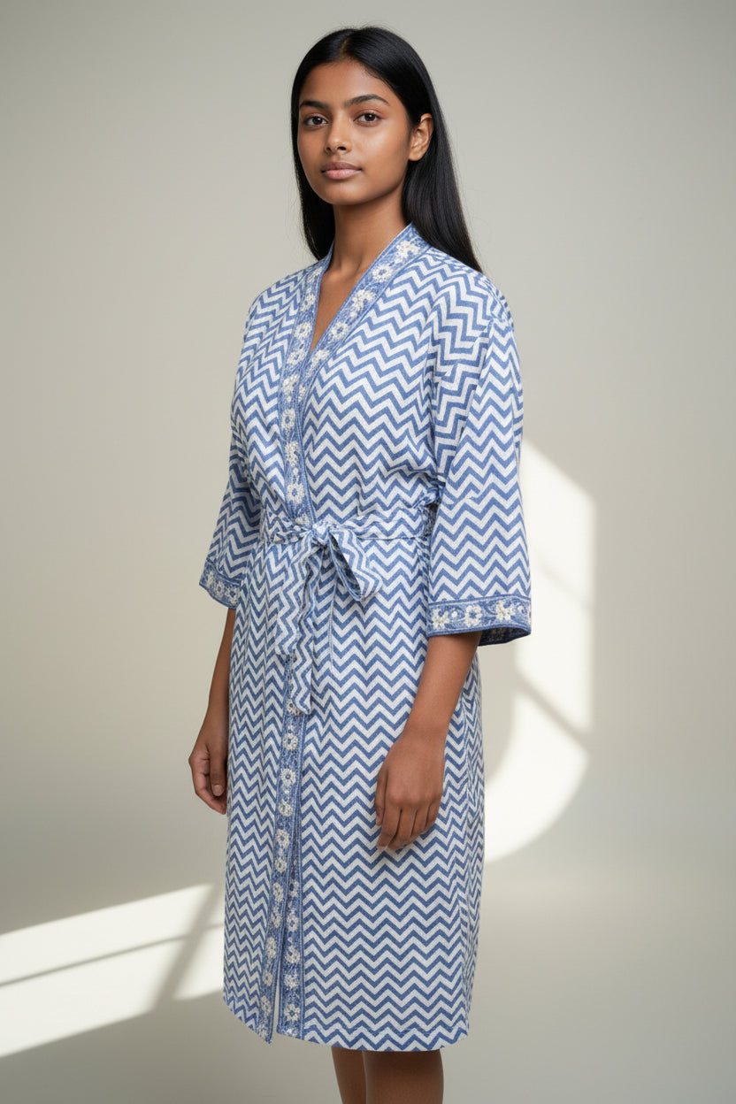 Hand Block Waffle Cotton Bathrobe (Blue Strips Floral)