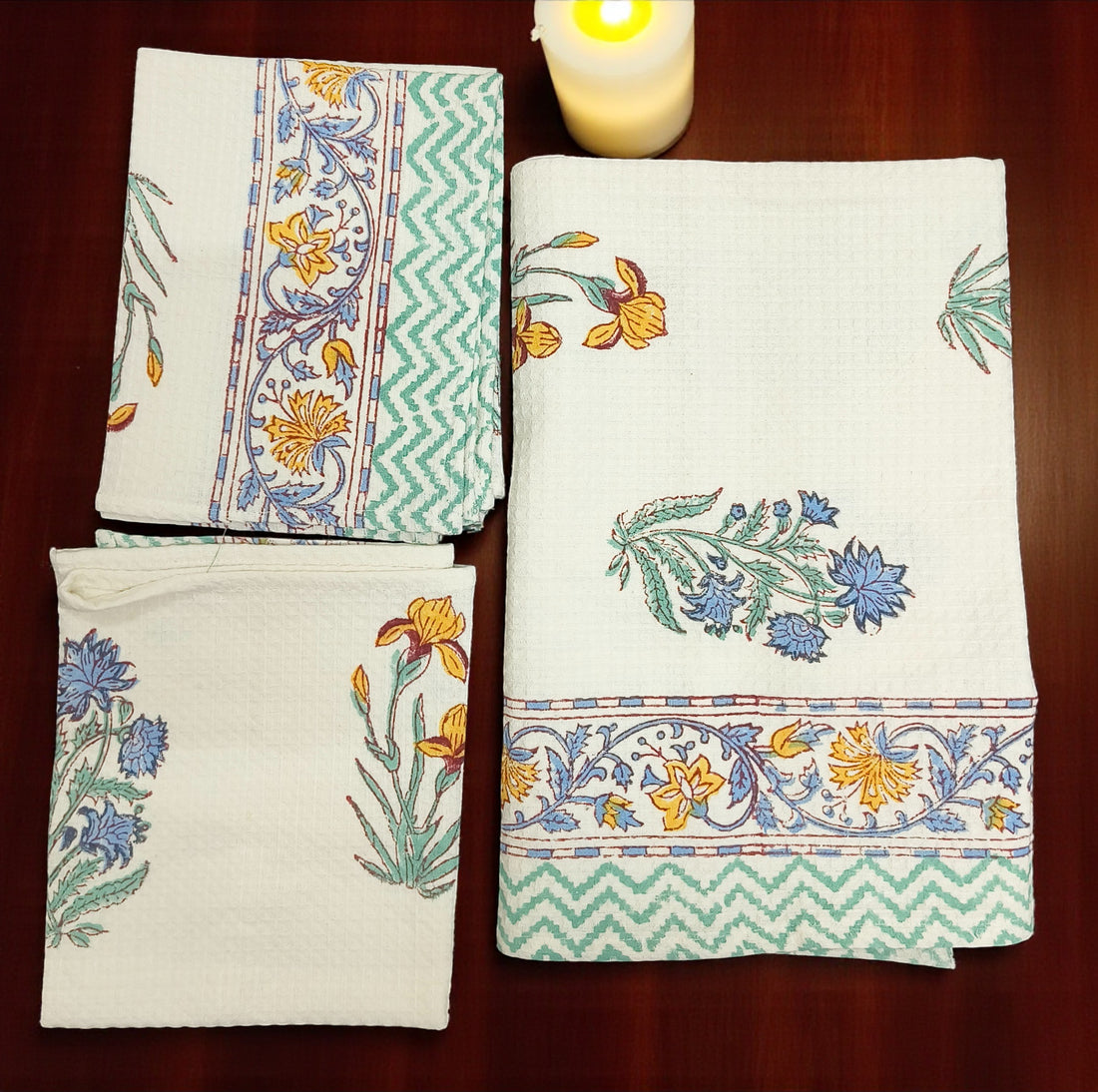 Hand Block Cotton Honeycomb Towel Set (1 Bath Towel 2 Hand Towels)-Artistic Flowers