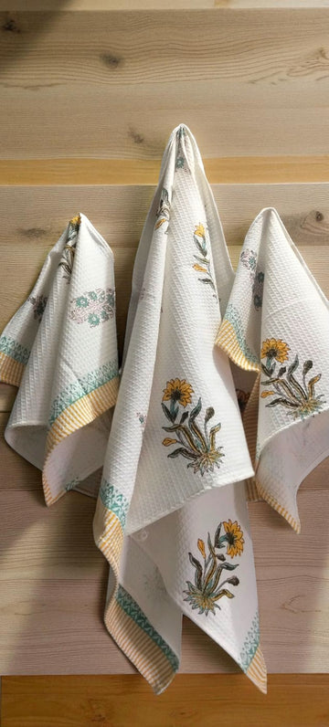 Hand Block Cotton Honeycomb Towel Set (1 Bath Towel 2 Hand Towels)- Yellow Flower Set