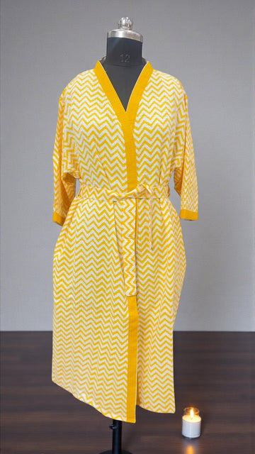 Hand Block Waffle Cotton Bathrobe (Yellow Strips)
